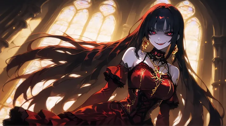 An HD scene of a pale  girl with long black hair, black eyeliner, crimson eye makeup, with bright dark blue eyes with gold glitter, wearing a crimson gothic dress with gold details, high detail, high quality, best quality, masterpiece, 8k, at a gothic cath...