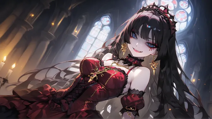 An HD scene of a pale  girl with long black hair, black eyeliner, crimson eye makeup, with bright dark blue eyes with gold glitter, wearing a crimson gothic dress with gold details, high detail, high quality, best quality, masterpiece, 8k, at a gothic cath...