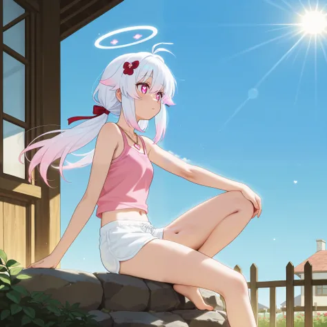 masterpiece, best quality, very aesthetic, awa, absurdres, Sakamoto Days, anime screencap, anime studio, hdr, 1girl, solo, slender, white halo, glowing halo, ahoge, outdoors, sun, blue sky, plants, morning, house, house fence, Home Page, flower plant, rose...