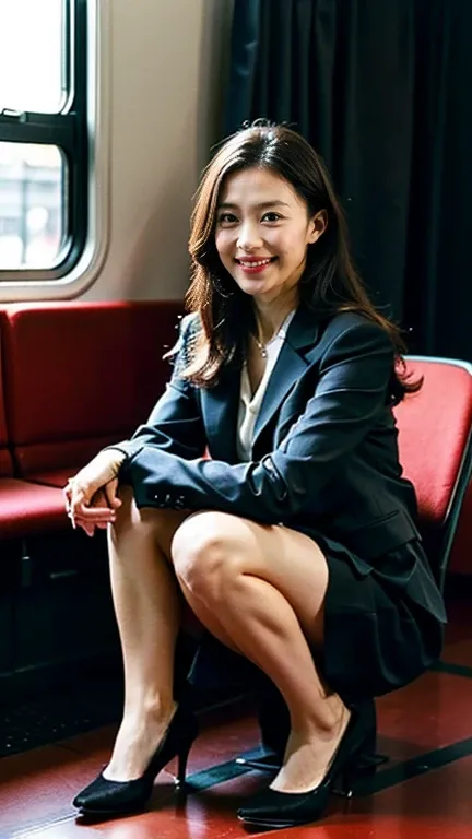 (  Masterpiece,   top quality , 8k,   RAW Photo ,   beautifully、  beautiful:1.2),    complicated details ,   Indirect Lighting,   exists, whole body,   is sitting on a train chair 、   black business suit 、  tight skirt、(Ultra-realistic panties)、  stares at...