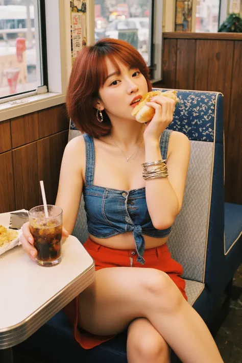 Full-length portrait of young beautiful Japanese woman with layered short bob hair dyed red.
Blue denim crop top with lapel collar on bare skin, front knot, sleeveless, plunging neckline, front buttons, clavicle, blue top, detailed denim texture, cleavage,...