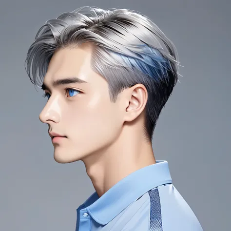  male、 refreshing、 seems kind、 blue eyes、 look like Westerners 、 Apply shiny pins to short, clean hair、 hair color is gray with blue mesh、No beard at all 、Clothes are polo shirts 、The background is light grey、Profile looking straight to the right 。
