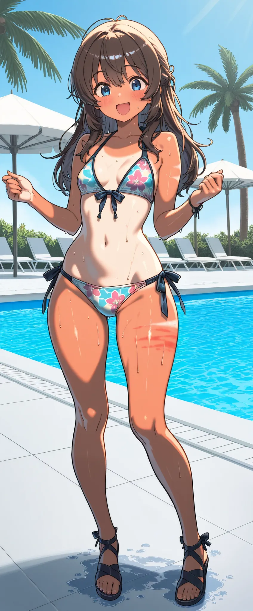 ( masterpiece),  top quality, ,  perfect face, 1 girl,dawn,, Tiny Breasts , wide hips,  thin waist, ( sexy girl), Multi Colored Bikinis , sexy bikini, With ribbon,Patterned Swimsuit , salon, Heeled Sandals,  good_feet, blushing ,smile,Swimsuit model, is st...