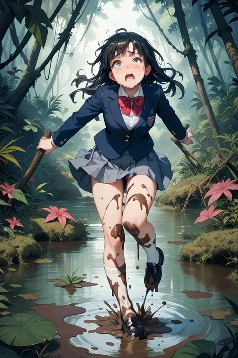  high school girl, blazer covered in mud,Skirt covered in mud,White socks covered in mud,black loafers covered in mud, long black hair, crying face, Jungle,Swamp,One leg sinks,Pull out your leg