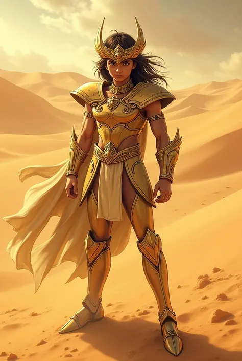 18-year-old knight wearing Egyptian sand armor, Saint Seiya, painting, manga