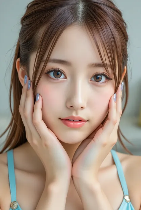 Close-up of a young woman with blue eyes and blonde hair styled back. She looks directly at the camera with an intense gaze. Her right hand touches her face, fingers spread slightly on her cheek and lips, with light blue nail polish. The background is soft...