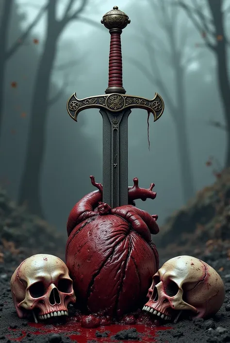 A Viking sword going through 3 skulls in a line and stuck in a decaying heart 