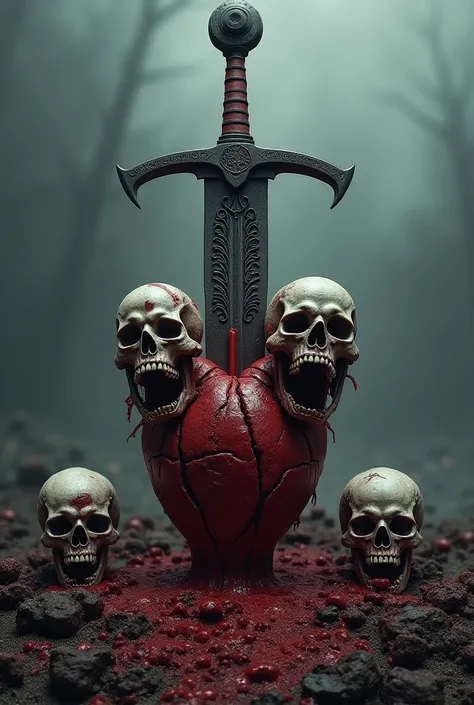 A Viking sword going through 3 skulls in a line and stuck in a decaying heart 