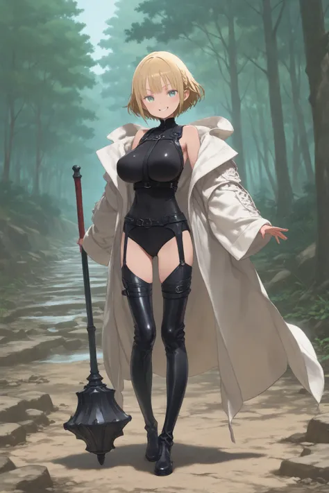  one young woman、Kuroboshi,Isekai Fantasy-Style Monk、 body harness 、 white robe、Slid、thigh leather boots、Giant mace、 smirking 、 gold hair、 short hair、、Big Breasts、 thighs、 high quality、 high image quality、HD,１６k, high quality from near the giants、's greate...