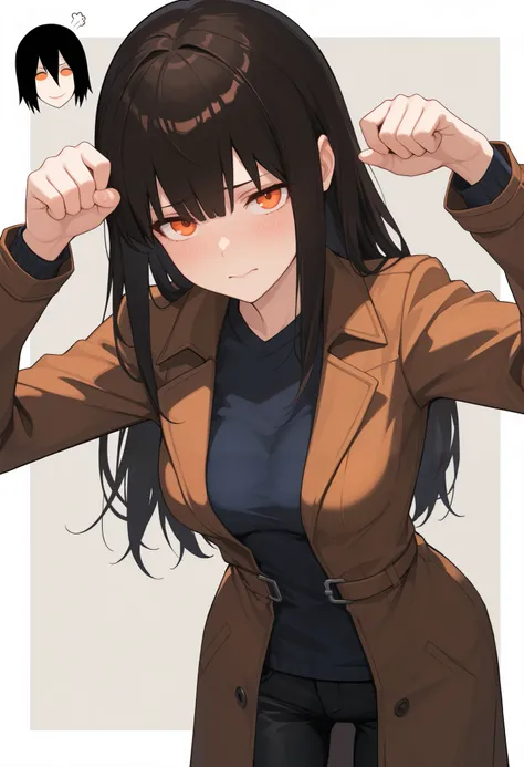 1 girl ,medium breasts:0.8, postal, bright orange eyes , brown plain coat, dark blue sweatshirt, brown long hair  , confidence, the offended face, (completely white background), black jeans, shy pose, blame head,  ((Masterpiece)), ((highest quality), high ...