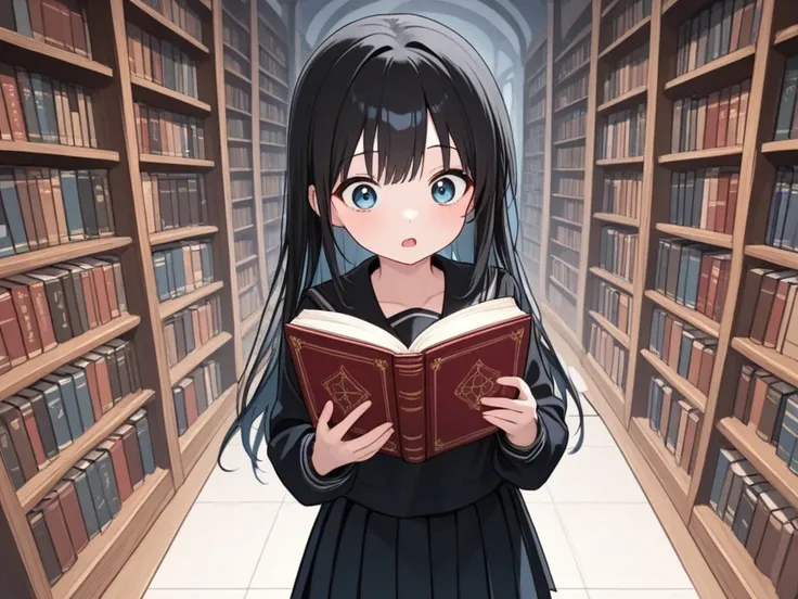 A high school girl is surprised to find a magic book in an old deserted library, dim,