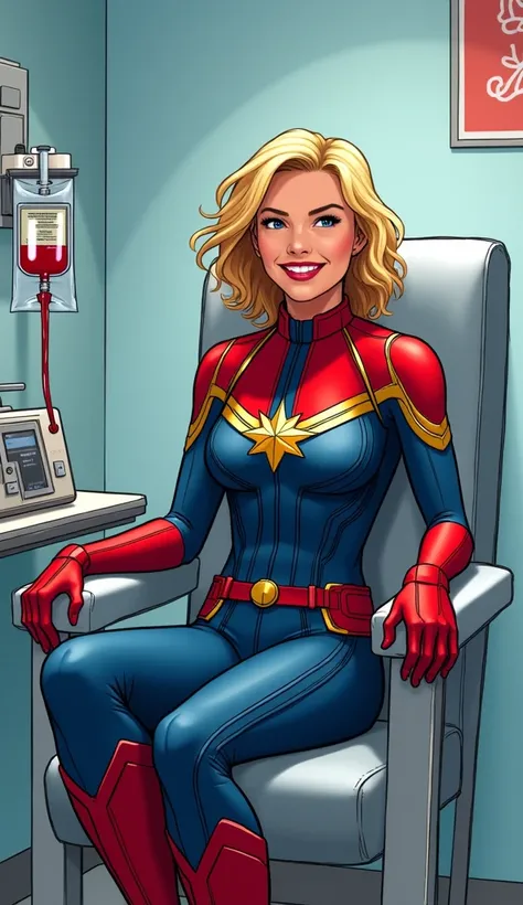 Make the female Captain Marvel donating blood, he's sitting on a chair and he's smiling.  On your other arm there is a thread of blood that leads to the blood bag.