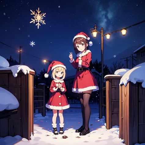 2 girls, santa dress, full body, standing, christmas, snow