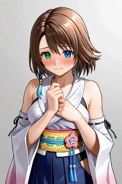 NSFW, Masterpiece, top quality, Hi-Res, very detailed,Yuna\(Final Fantasy X\), blue eyes、 brown hair at the gym、 green eyes、 hair ornament、 rainbow heterochromia、 short hair、 shoulder out、Sleeveless、Hakama、Hakama skirt by humili、 kimono、紫のHakama、 skirt by ...