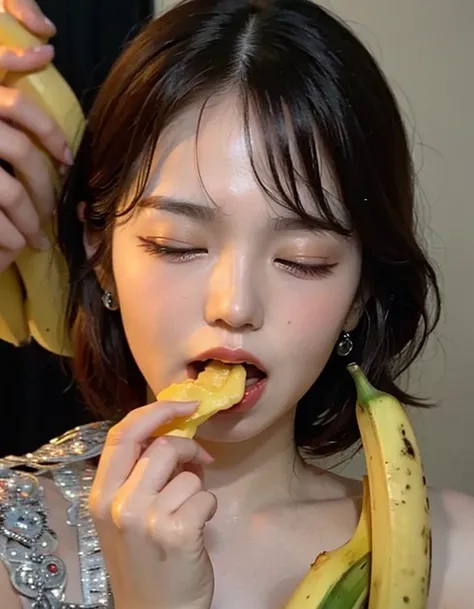 32K,  Masterpiece,   top quality  , (  beautiful woman ) ,   black hair, close your eyes、 open your mouth、    A woman is eating a white banana,     Moody Lighting  ,   dramatic shadow   , Wide color gamut   ,   lively, Oil,  Masterpiece,   complicated deta...