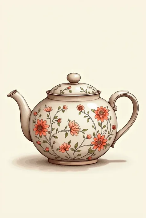 Traditional drawing of A teapot with intricate floral patterns