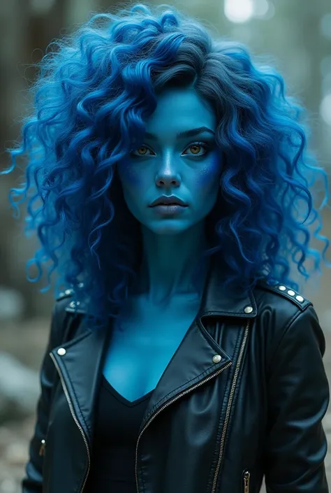 Woman blue skin curly hair leather jacket