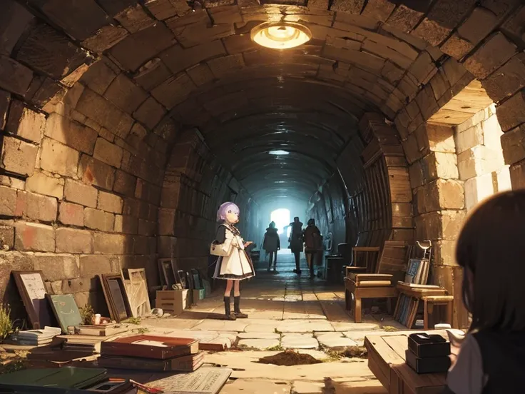 Deep in the Earth　 Darkness　Dyson sphere　 A castle town of little people living quietly in a large underground cave　Ghibli style　 anime chick　 Fantasy