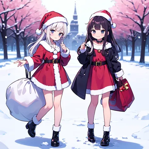 2 girls, santa dress, full body, standing, christmas, snow