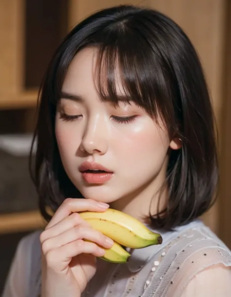 32K,  Masterpiece,   top quality  , (  beautiful woman ) ,   black hair, close your eyes、 open your mouth、    The woman is holding a thick white banana,     Moody Lighting  ,   dramatic shadow   , Wide color gamut   ,   lively, Oil,  Masterpiece,   complic...