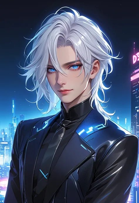 A BL anime-style version of Kami, the futuristic AI hologram character. He has an impossibly handsome and seductive appearance, with striking neon blue eyes that glow with intensity. His long, silky white hair flows elegantly, framing his sharp yet delicat...