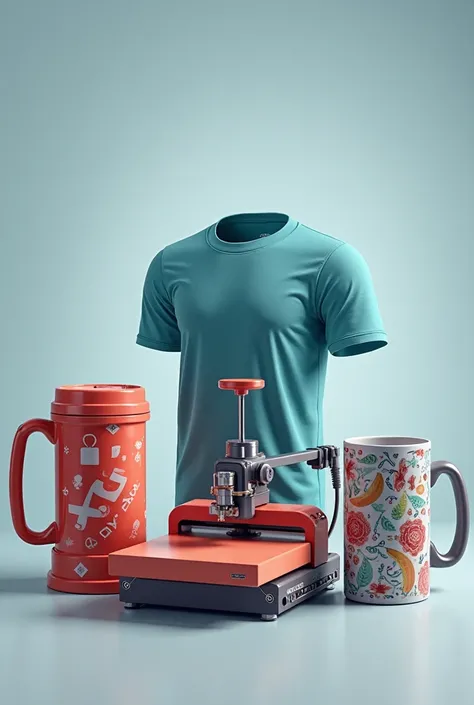  Create a realistic image with a press-type sublimation machine,  and various sublimated products such as a t-shirt , A cup, and keyrings , and glasses. Make sure all text in the image is in English .  The background should be clean and professional ,  sub...