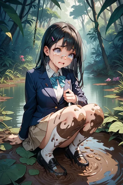  high school girl, blazer covered in mud,Skirt covered in mud,White socks covered in mud,black loafers covered in mud, long black hair, crying face, Jungle,Swamp,Muddy ribbon