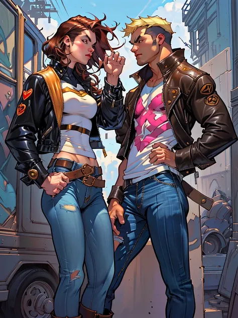 two women in leather jackets and jeans standing next to each other, artgerm and lois van baarle, artgerm and genzoman, style ivan talavera and artgerm, lois van baarle and rossdraws, artgerm and j. dickenson, artgerm and grek rutkowski