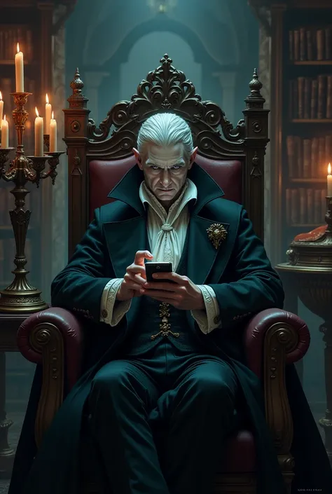 A vampire in his gothic library in his castle, using his cell phone while studying.