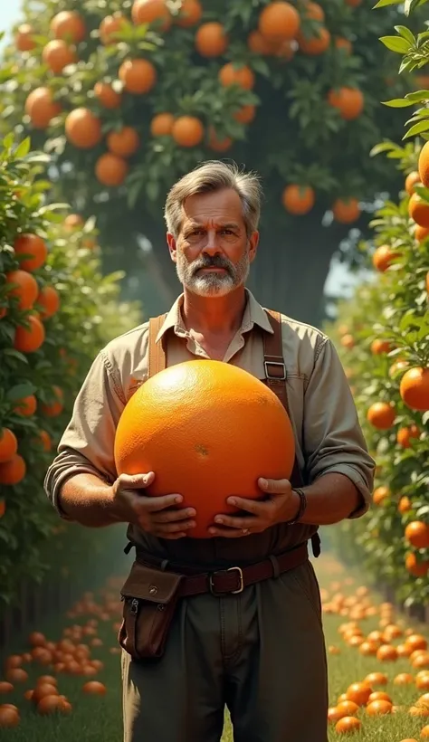 A male gardener is standing and holding a giant orange, with a 20-meter-tall orange tree full of fruit behind him.