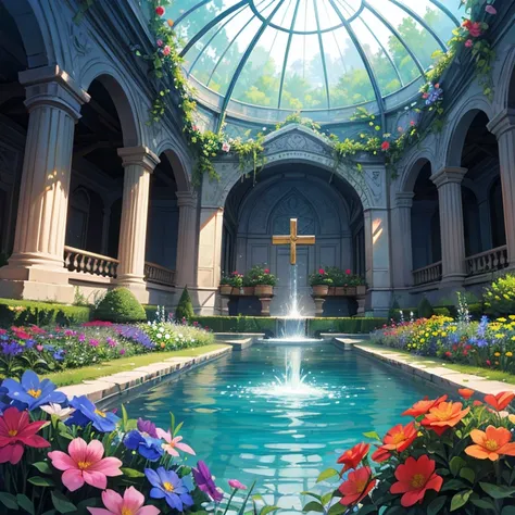 Fantastic, beautiful, bright colors, bright light, flowers, glowing, beautiful atmosphere, wonderful, painting style, baptism, empty, nothing, no people, fertility of canaan
Land, Garden of Ede, Uzbek architecture, cross