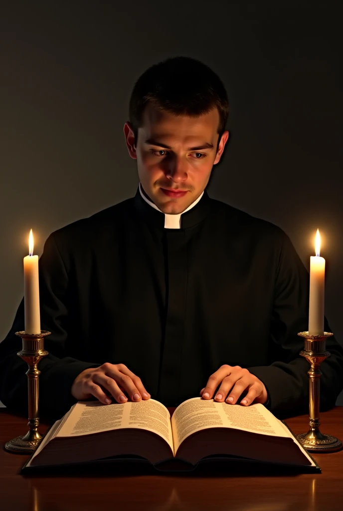  A seminarian with a cassock is reading the Bible from a table, From a room with two candles light . 