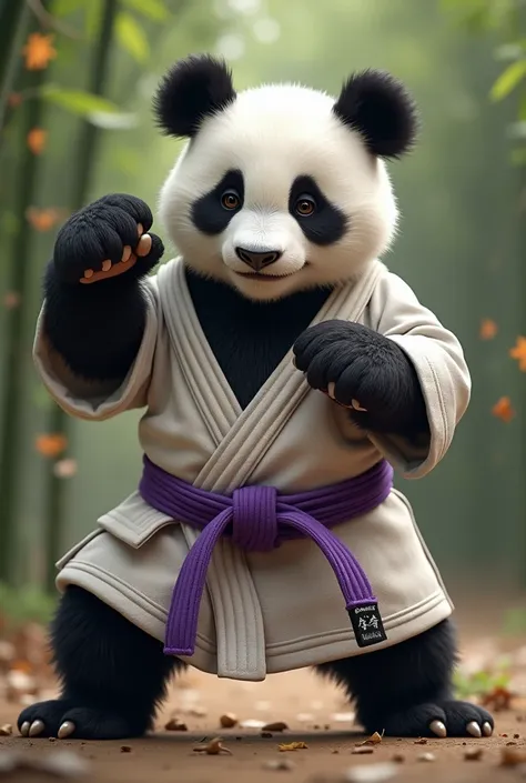 a panda wearing a jiu jitsu kimono with a purple band with a black tip