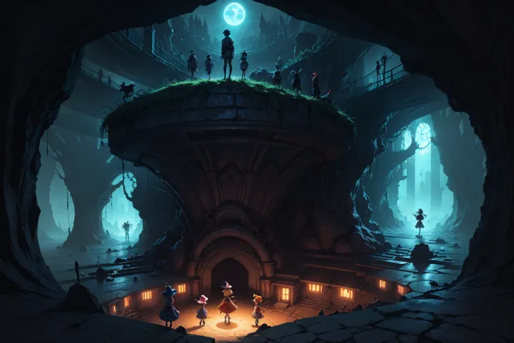  A small group of anime-style little character fairies wearing goggles and hats, The Other Side of the Cave is a Mysterious Kingdom , (The underground kingdom),dark, scary, spooky place, underground labyrinth,  swirling over the night cityscape from the to...