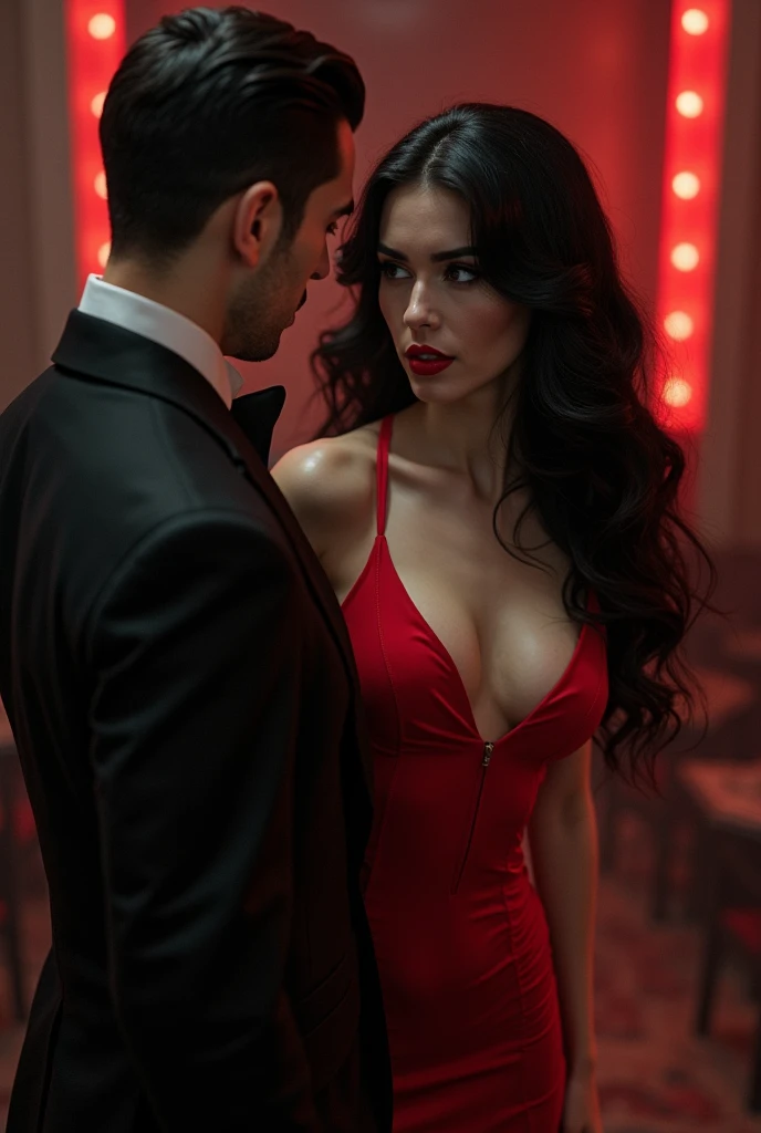 A beautiful femme fatale in a sultry red dress, long black hair, pale skin,red lips, hourglass figure, electric blue eyes, she is seducing a man in a all black three-piece suit 