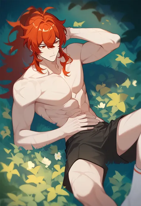 Genshin Impact Diluc, shirtless, showing off his chest and abdominal muscles, wearing black shorts and white socks, lying on the grass