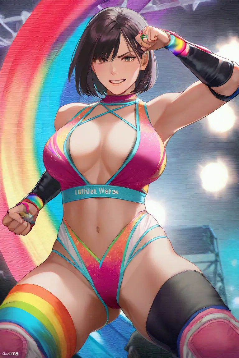 A popular Japanese female professional wrestler, she wears a colorful, rainbow-patterned ring costume,lesbian battle,((((masterpiece)))), (( unity 8k wallpaper, photorealistic , (( detailed face )), ((nsfw)),