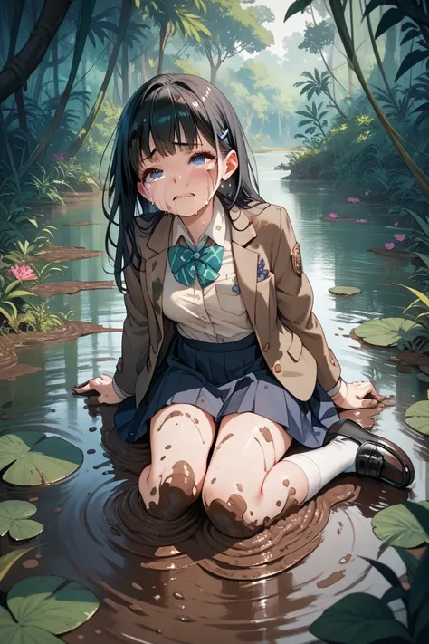  high school girl, blazer covered in mud,Skirt covered in mud, white socks covered in mud,black loafers covered in mud, long black hair, crying face, Jungle,Swamp,Muddy blazer chest pocket