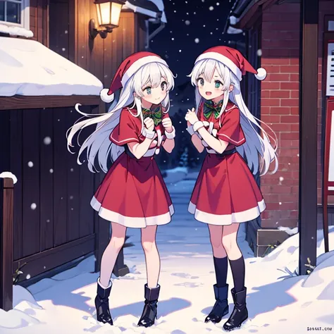 2 girls, santa dress, full body, standing, christmas, snow