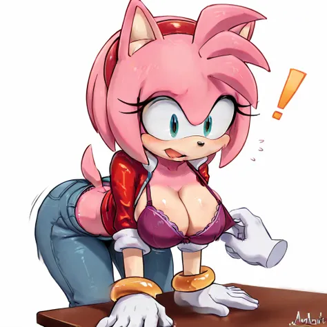 Amy Rose, a colored drawing of sonic in her underwear and red jacket on a table, 1girl, underwear, breasts, pants, purple bra, furry, bra, cleavage, blush, blue eyes, furry female, open mouth, animal ears, panties, signature, large breasts, purple panties,...