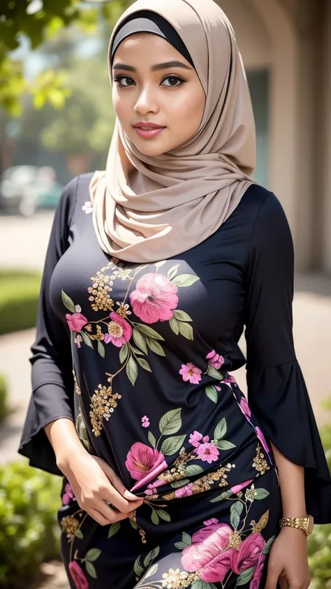 Close up),RAW, Best quality, high resolution, masterpiece: 1.3), Beautiful Malay woman in hijab,perfect fit body, big breast,sthick thighs,big beautiful eyes, Soft smile, beautiful face,very beutifull face,lip glosy, watery eyes,full body, woman wearing a ...