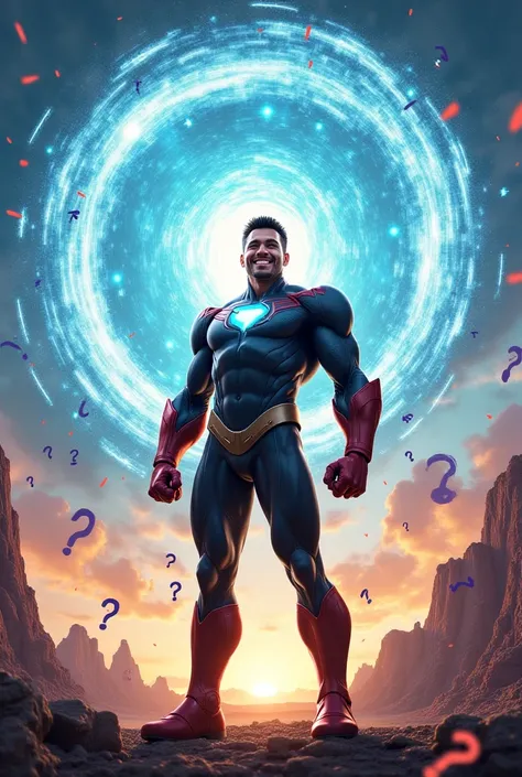 A picture of a flying super  standing in front of a giant time portal and holding 
 He has a book in his hand and there are question marks around it and he is happy and smiling
