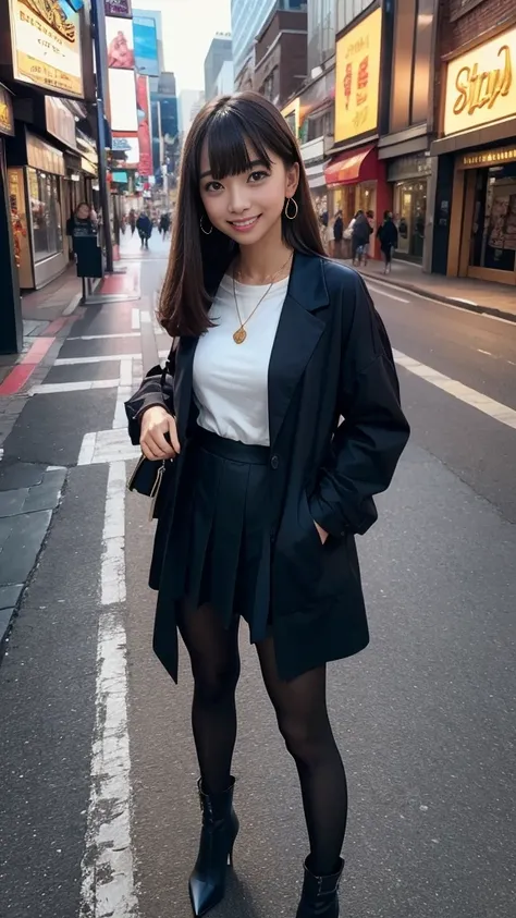  oversized tailor jacket with an open front、layered skirt、tights、 stiletto boots、 Straight Medium Hair 、 Gold、 Natural Wave 、Messy bangs、Flowing bangs、 blue eyes、Medium breast、Earrings、Inviting face、Seductive face、 smile、Blushing face、square bag、Broadway、 ...