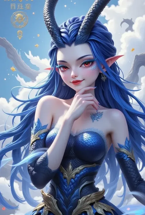 Beautiful dragon girl， red eyes，Blue eyelashes， red lips，Smile， long blue hair，Dragon Horn。moon，Flying dragon， strapless
