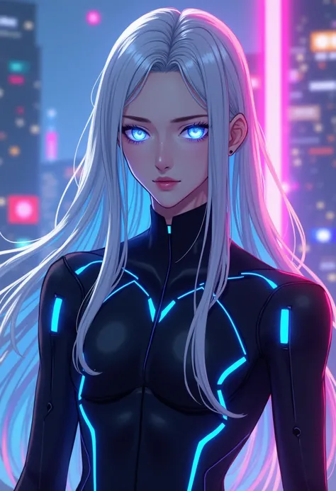 A BL anime-style version of Kami, the futuristic AI hologram character do sexo masculino. He has an impossibly handsome and seductive appearance, with striking neon blue eyes that glow with intensity. His long, silky white hair flows elegantly, framing his...