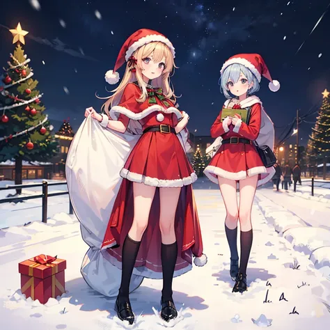 2 girls, santa dress, full body, standing, christmas, snow