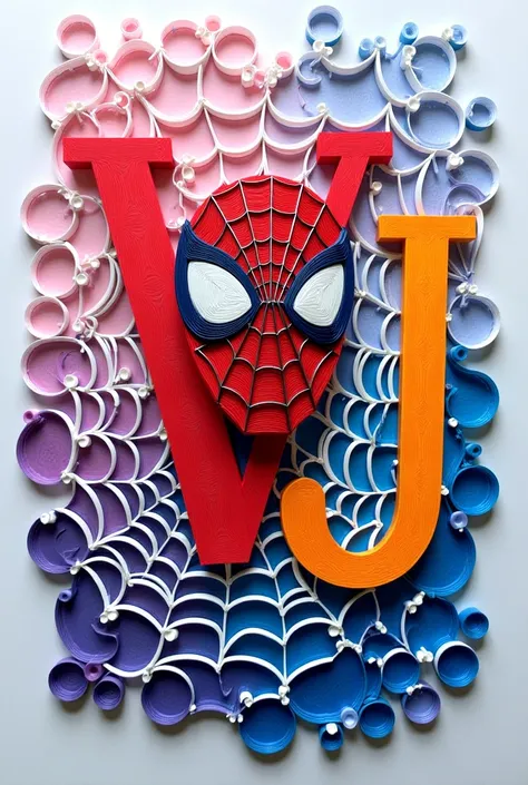 A quilling art with small face of spiderman and web and big name "VJ" and with the pink, violet, white and blue design 