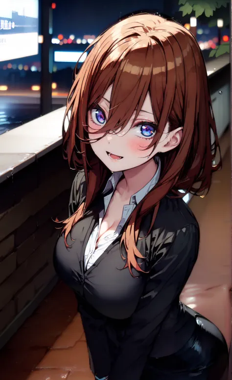  Nakano Future,  long hair, bangs,  blue eyes,  brown hair,  long hair, ,Big Breasts, cleavage,  suit,  pencil skirt ,  jacket, smile,blush, open your mouth, shirt, black pantyhose, pin heels, is standing,屋根のあるbus stopでrain宿りしている,rain,night,building,whole ...