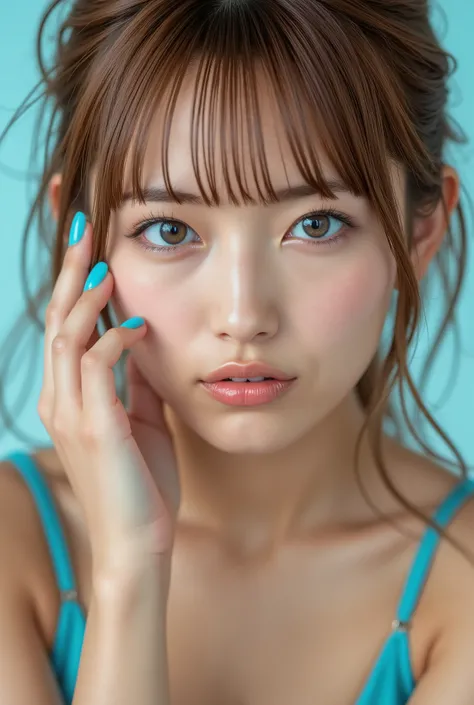 Close-up of a young woman with blue eyes and blonde hair styled back. She looks directly at the camera with an intense gaze. Her right hand touches her face, fingers spread slightly on her cheek and lips, with light blue nail polish. The background is soft...