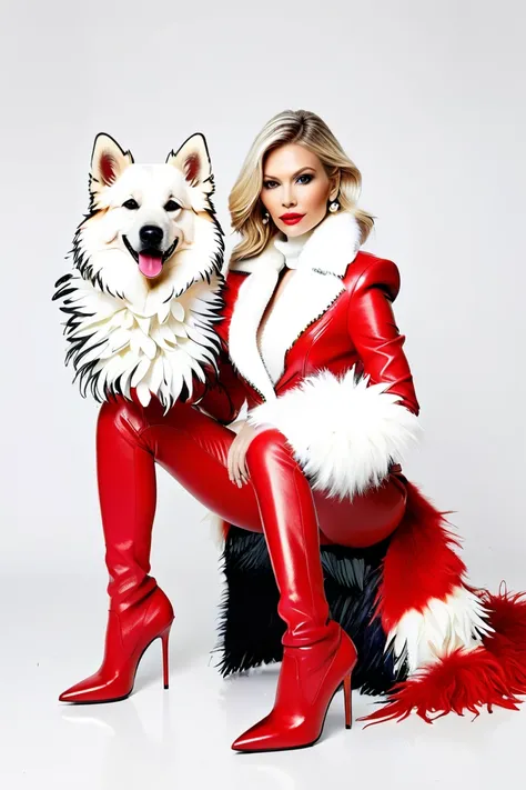 quilling+pearls+white beads + sapphire feathers + fur beauty blonde bionics neon in a red leather pantsuit in stilettos on a white background full-length sits on the floor next to a large shaggy white dog Hyperdetail, deep background  